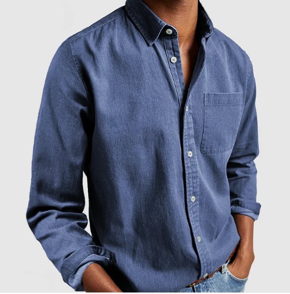 Versatile men's classic denim-style button shirt, a long sleeve top for casual and layering fashion.
