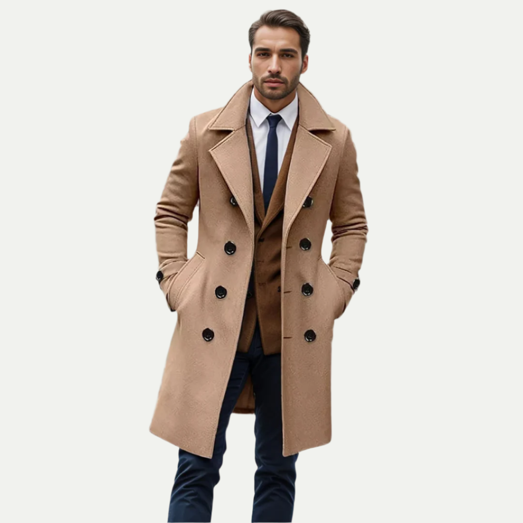 Classic men's double-breasted longline trench coat, perfect for autumn and winter business casual or formal wear.
