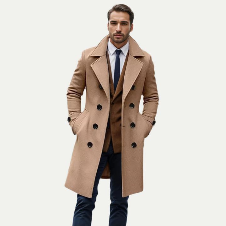 Classic men's double-breasted longline trench coat, perfect for autumn and winter business casual or formal wear.