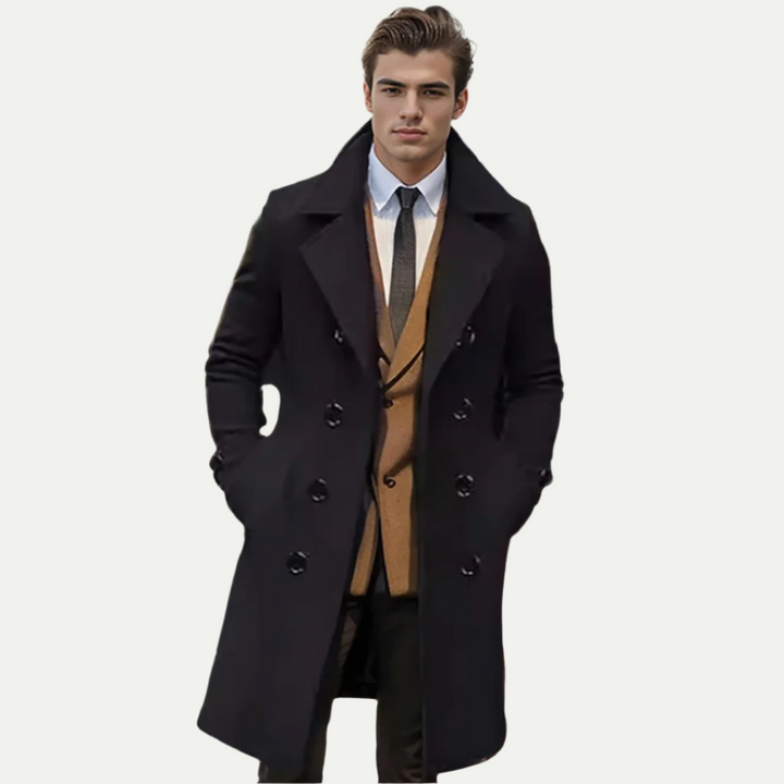 Elegant men's longline trench coat, double-breasted with classic detailing, a sophisticated winter & autumn coat.