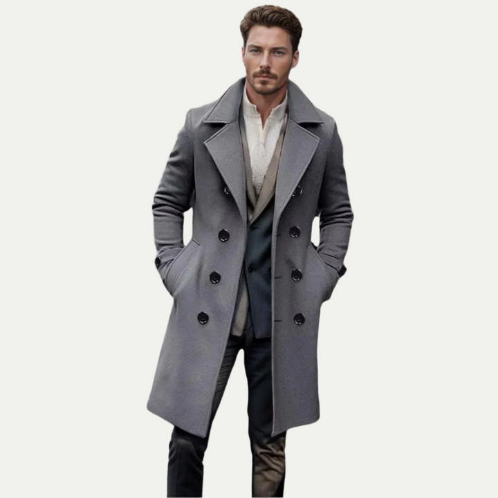 Versatile men's classic trench coat, double-breasted design, longline style. Essential for formal and business casual.