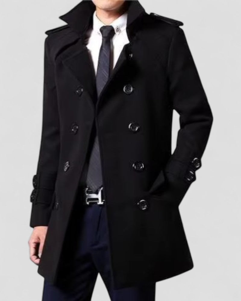 Classic men's double-breasted trench coat with a smart, tailored fit. Mid-length outerwear for elegant fall and winter style.