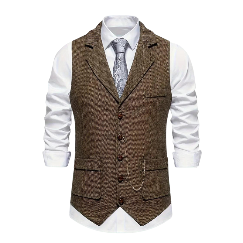 Classic men's herringbone waistcoat for refined style. Perfect for formal and casual chic looks.