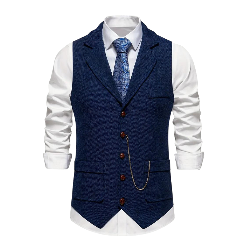 Vintage style men's herringbone waistcoat, perfect for a smart layered look and suit accessory.