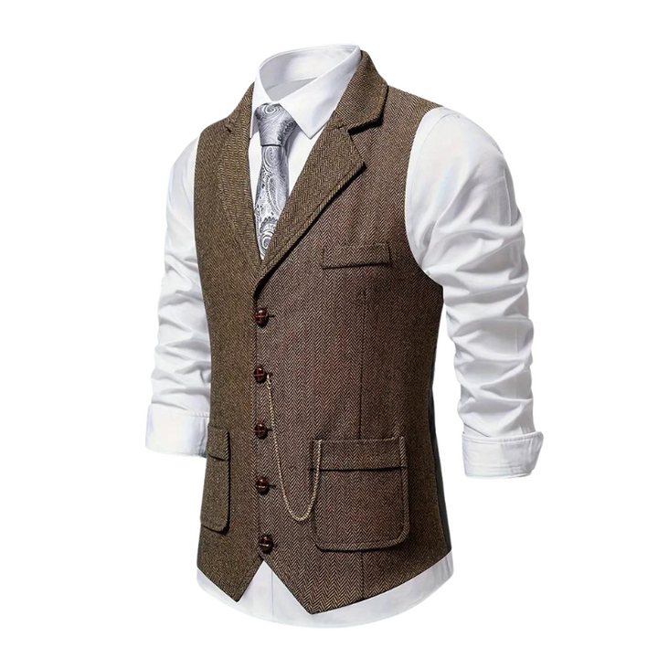 Versatile men's herringbone vest, great for business casual, formal attire, or a stylish layered outfit.