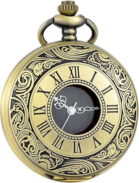 Side view of Men's Classic Roman Numeral Pocket Watch, durable metal, precise quartz movement.