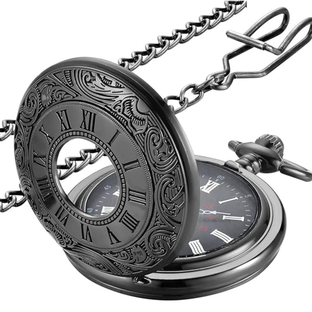 Clear Roman numerals on classic Men's Pocket Watch, quartz movement, retro design, functional art.