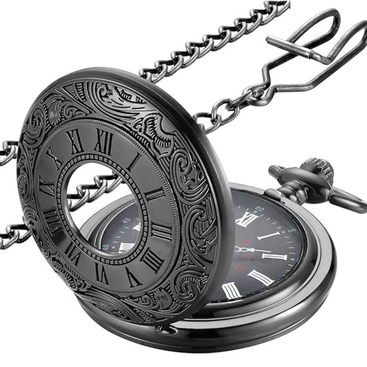 Clear Roman numerals on classic Men's Pocket Watch, quartz movement, retro design, functional art.