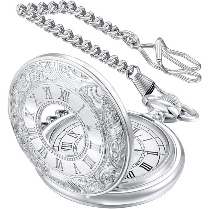 Detailed view of Men's Roman Numeral Pocket Watch, classic design, reliable quartz movement.