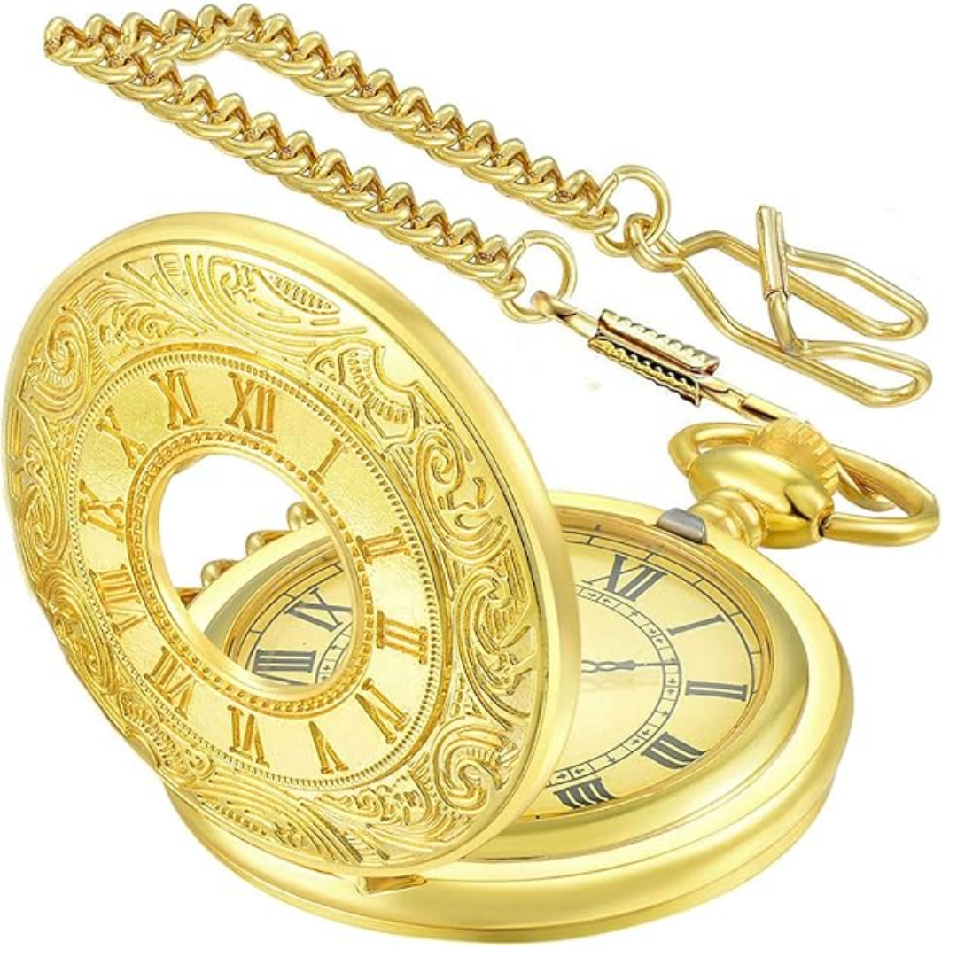 Angled view of Men's Classic Roman Numeral Pocket Watch, quartz movement, sophisticated retro accessory.