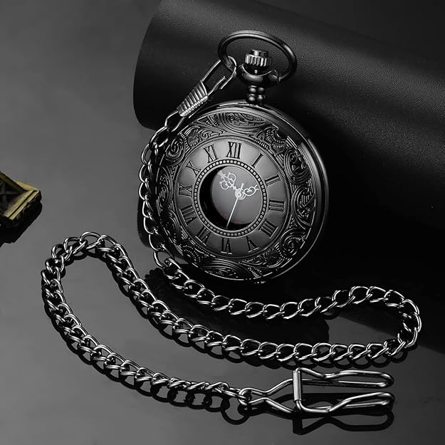 Black finish Roman Numeral Pocket Watch for men, sleek classic quartz design, includes chain.