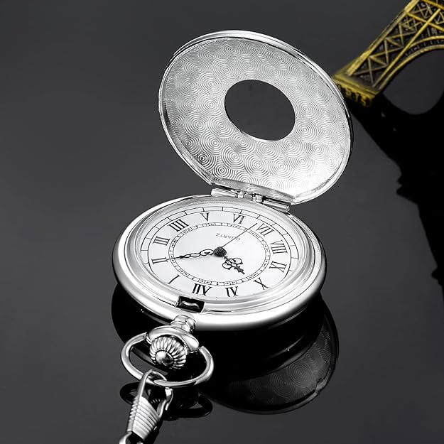 Close-up: Classic Men's Roman Numeral Pocket Watch dial, precise quartz movement, vintage style.