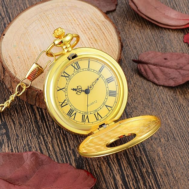 Men's Classic Roman Numeral Pocket Watch with matching chain, quartz movement, retro gentleman's accessory.