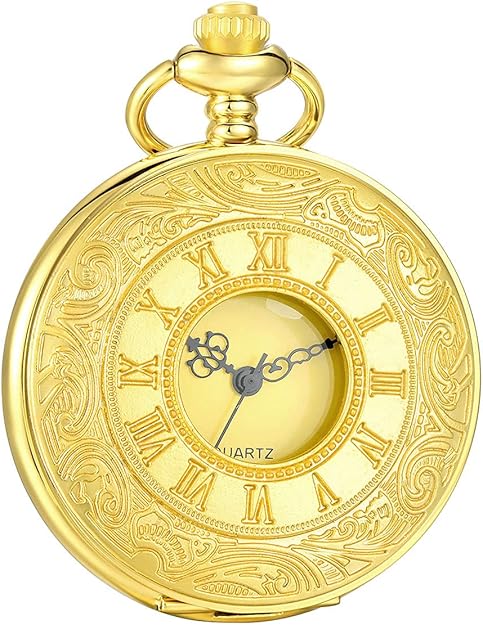 Open case Men's Roman Numeral Pocket Watch, vintage design, accurate quartz movement, classic timepiece.