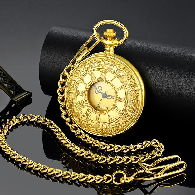 Men's Roman Numeral Pocket Watch held in hand, classic quartz movement, vintage gentleman's accessory.