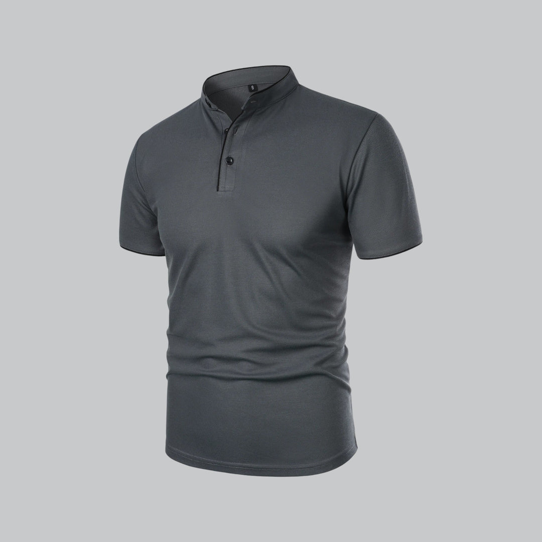 Everyday essential men's polo shirt, button collar, short sleeve design.