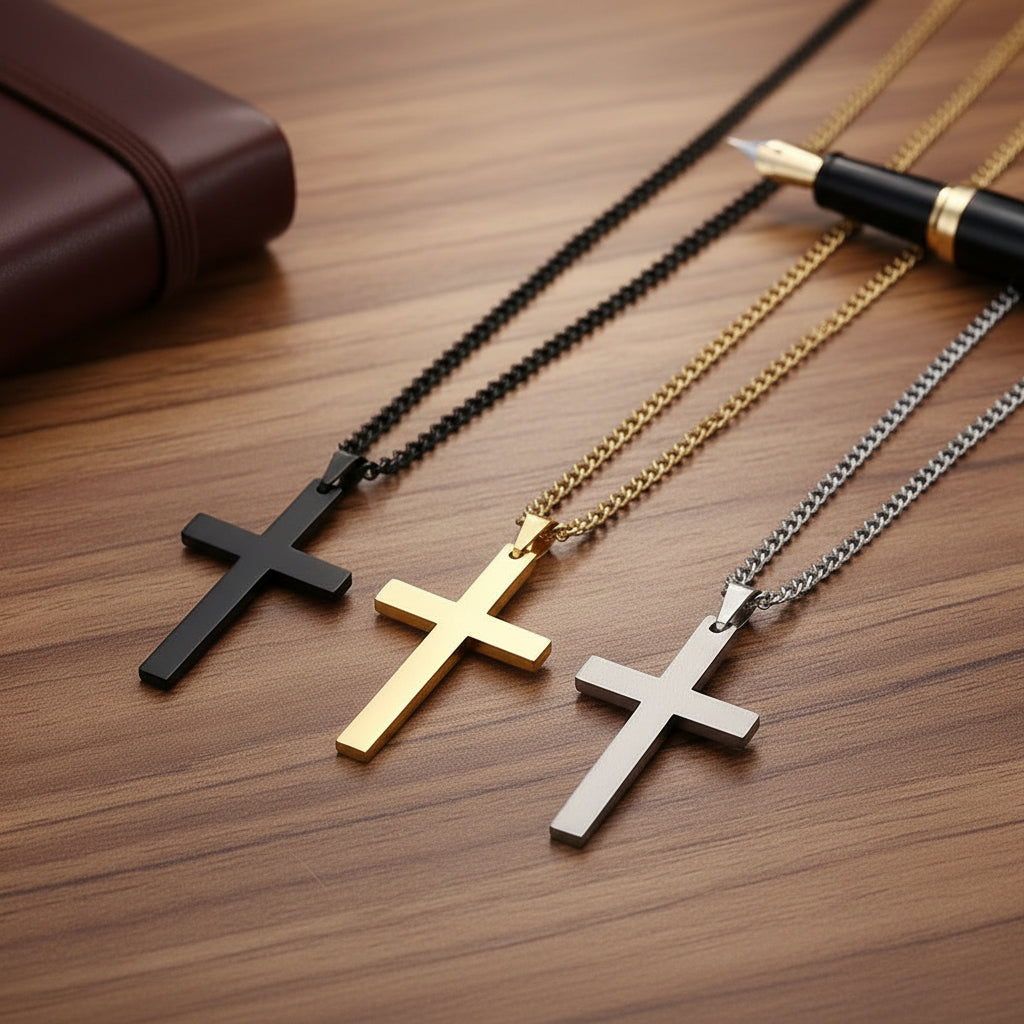 Classic Men's Silver Cross Pendant Necklace. Elegant religious jewelry, perfect for daily wear or as a thoughtful gift for him.