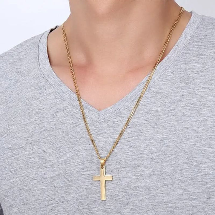 Detailed view of an elegant Men's Cross Pendant. Timeless religious jewelry, a classic gift for him, suitable for any outfit.