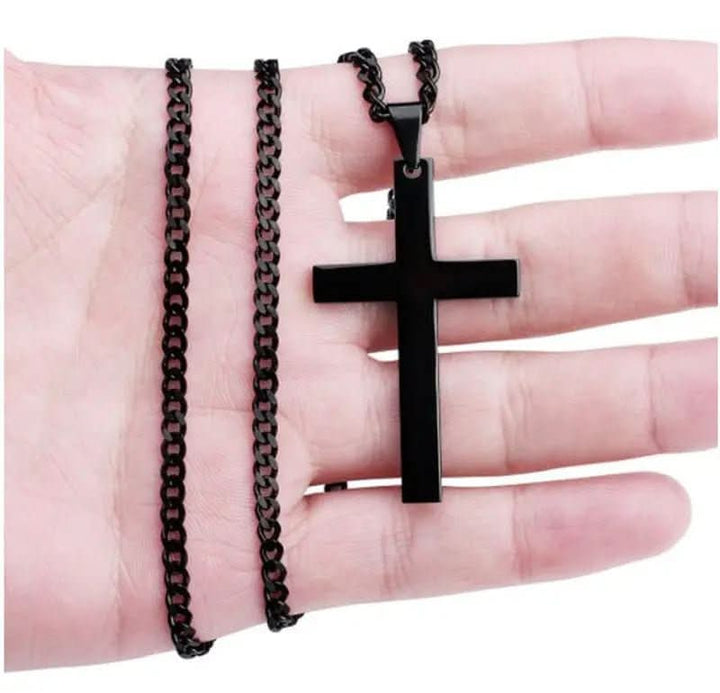 Versatile Men's Cross Pendant Necklace on a model, showcasing its elegant fit for modern men's fashion and daily wear.