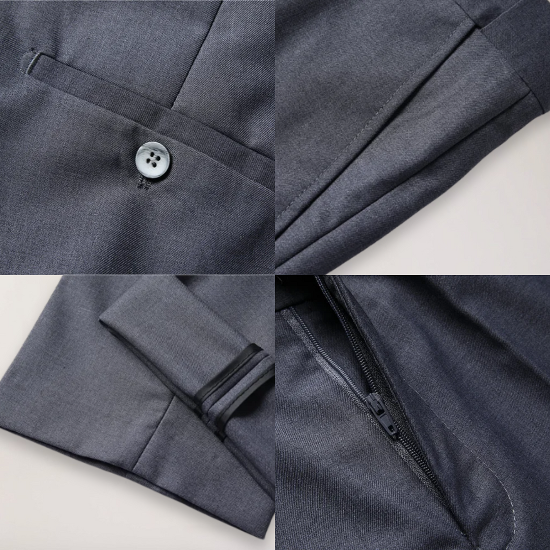 Professional men's business attire: A refined three-piece suit with blazer, vest, and trousers.