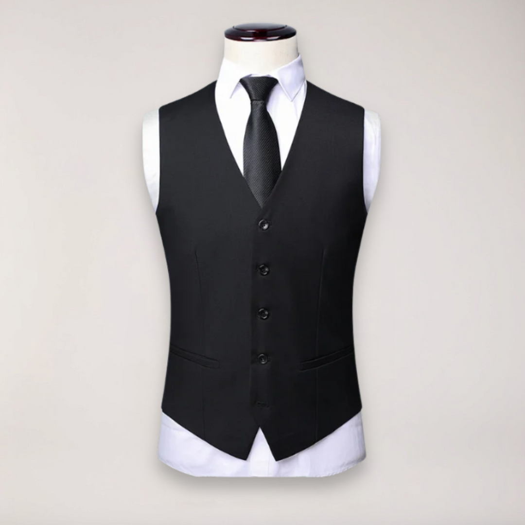 Classic men's business suit, a three-piece design featuring a sleek blazer, vest, and trousers.