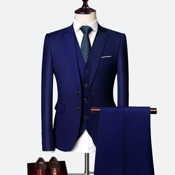 Classic men's three-piece suit for formal events. Tailored slim-fit wedding suit, ideal business attire.