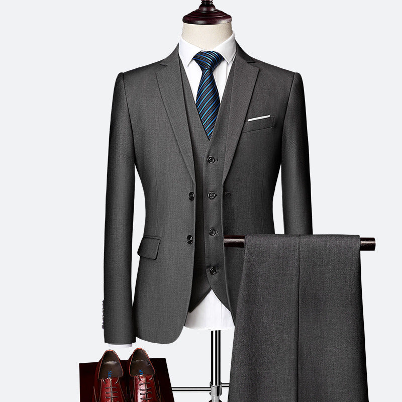 Elegant tailored men's three-piece suit. Slim fit formal wear, a classic choice for modern men's fashion.