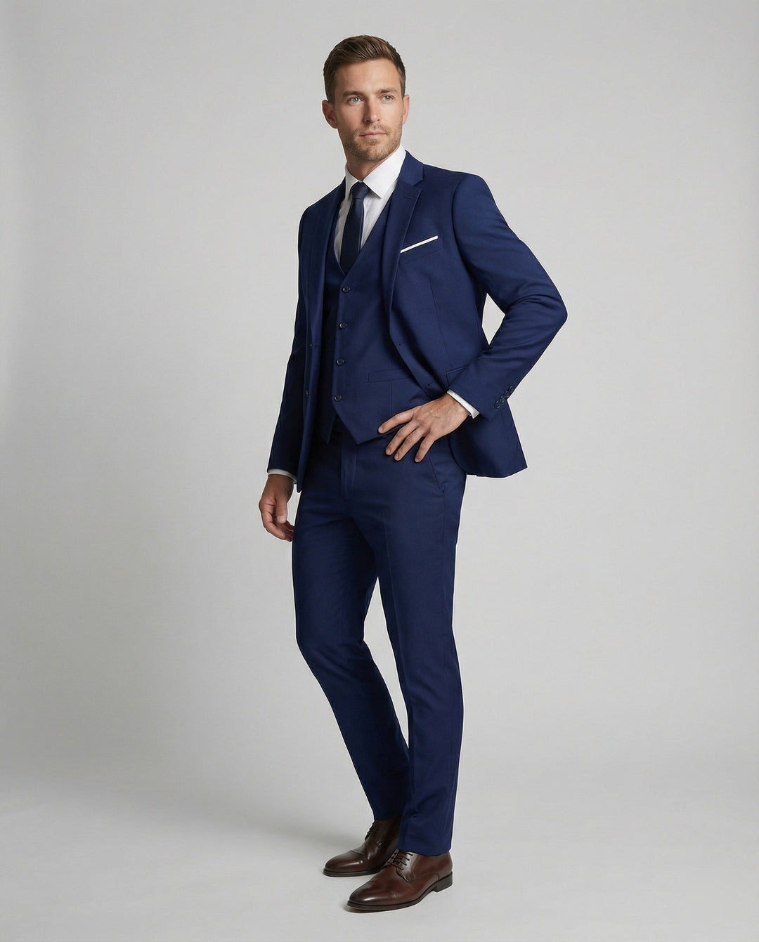 Navy men's three-piece suit; perfect formal wear, business attire, and event suit for men's fashion.
