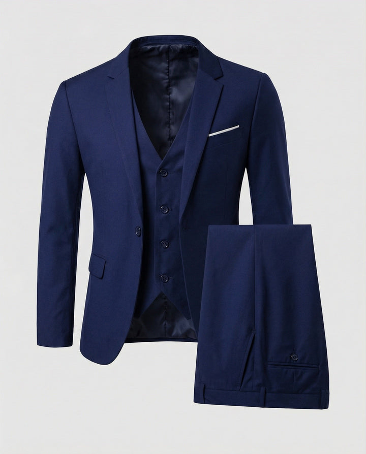 Sophisticated men's three-piece suit featuring jacket, vest, and trousers; classic formal and business attire.