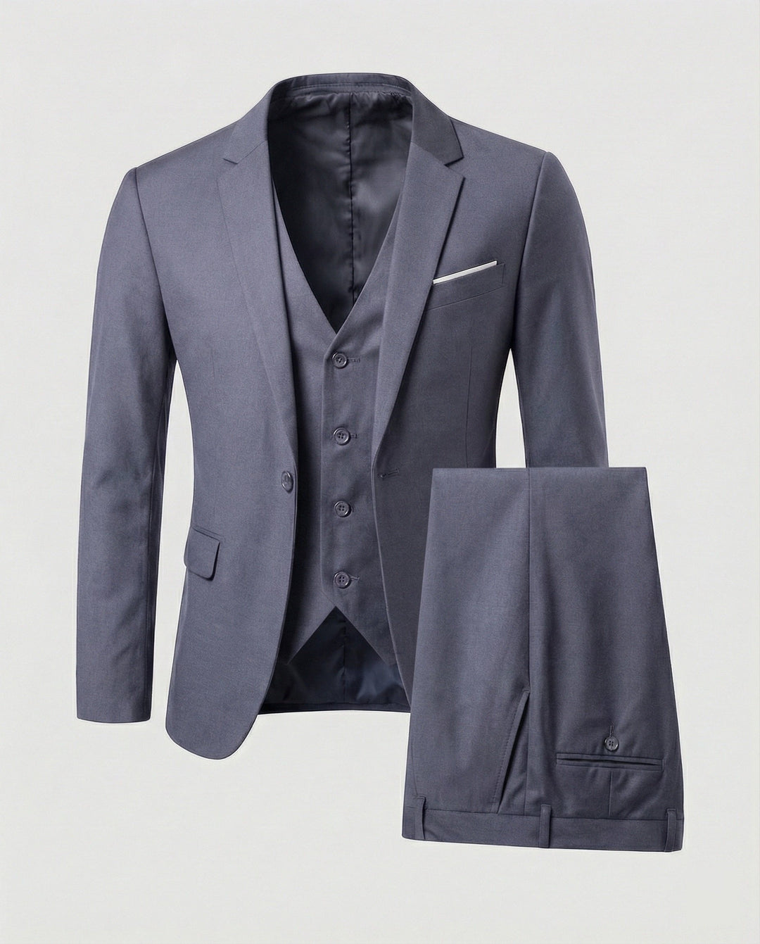 High-quality men's three-piece suit; versatile formal wear for business attire, office, and special occasions.