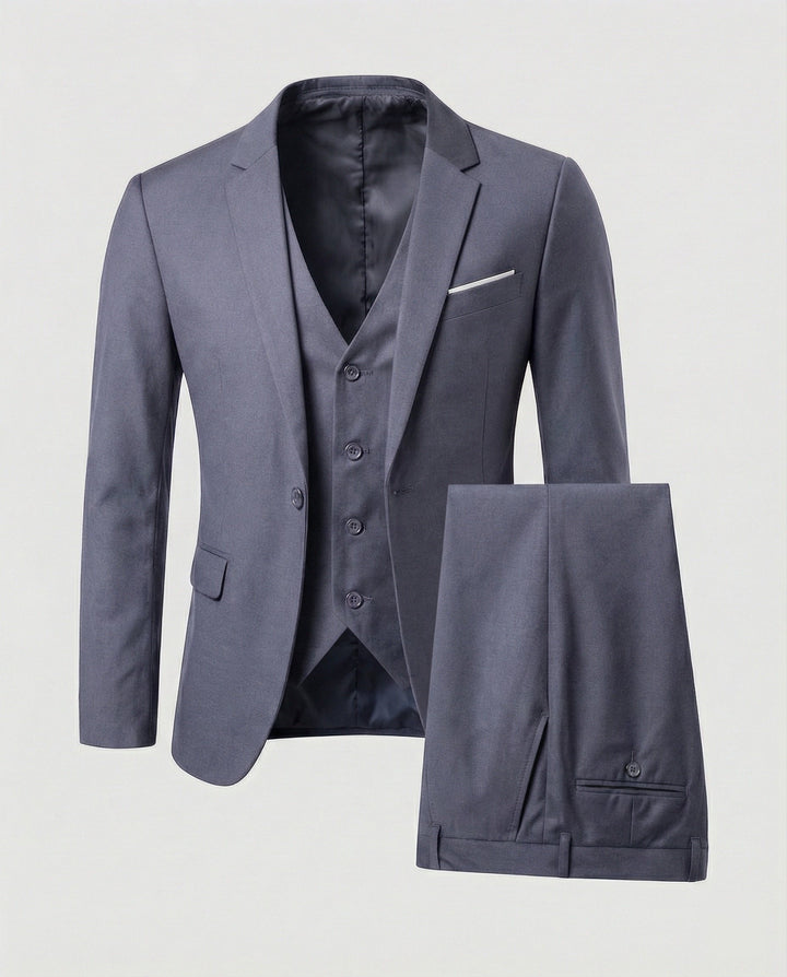 High-quality men's three-piece suit; versatile formal wear for business attire, office, and special occasions.