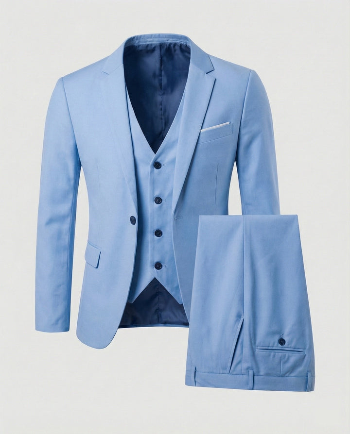 Light blue men's three-piece suit for elegant formal wear, spring events, and modern business fashion.