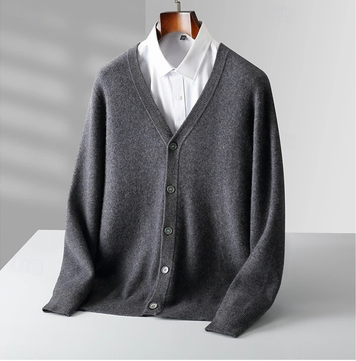 Versatile men's classic v-neck cardigan, perfect for all-season layering. Smart casual knitwear with a relaxed, button-up fit.