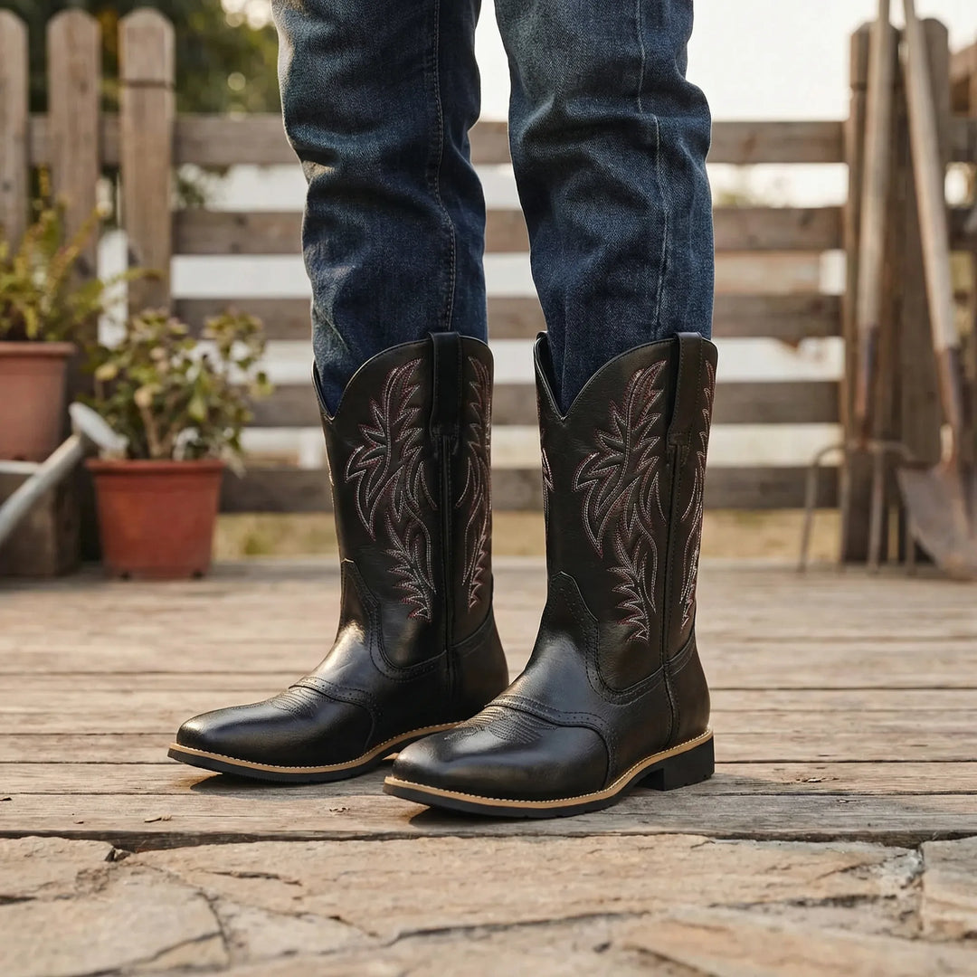 Classic men's western cowboy boots, calf-length, rugged style. Durable slip-on footwear with block heel.