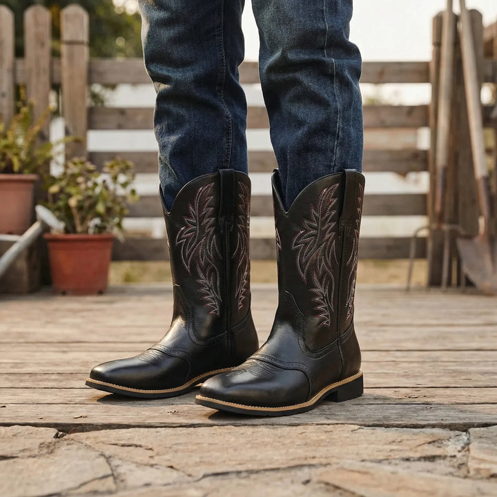 Classic men's western cowboy boots, calf-length, rugged style. Durable slip-on footwear with block heel.