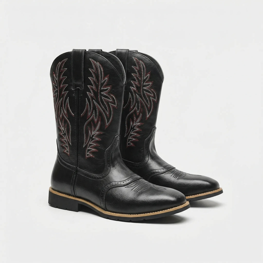 Men's embroidered calf-length cowboy boots. Classic rugged western style with durable construction and block heel.