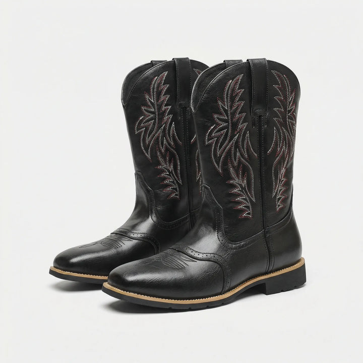 Durable men's classic cowboy boots. Calf-length Western style, perfect for rugged wear with a comfortable block heel.