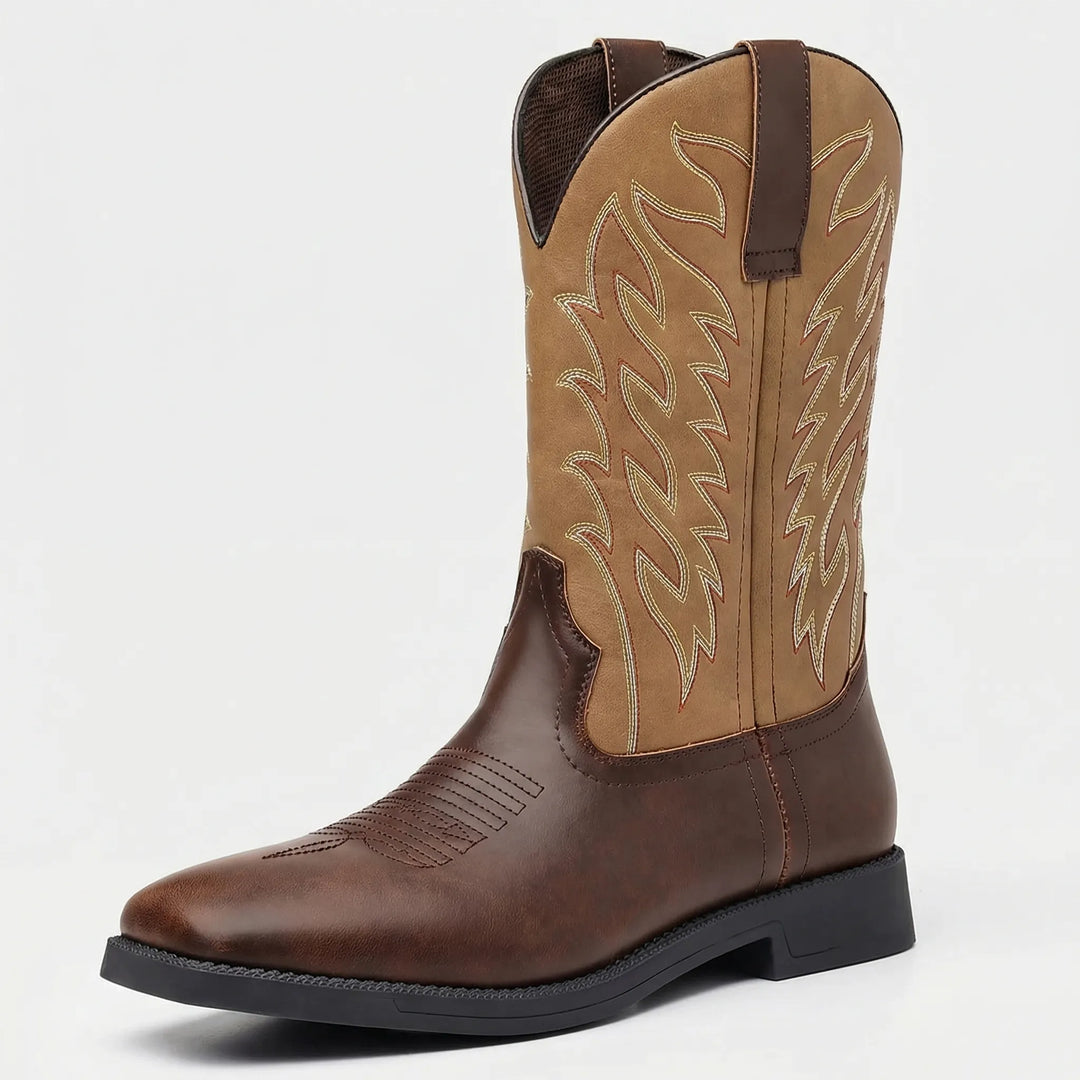 Embroidered men's slip-on Western boots. Classic calf-length cowboy design with a durable block heel for rugged style.