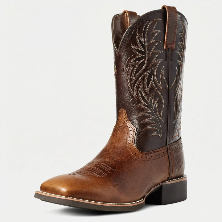 Men's classic calf-length cowboy boots. Western-style rugged footwear with detailed embroidery and strong block heel.