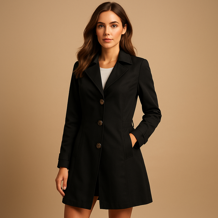Classic women's button-front trench coat, structured for work & daily wear. Versatile fall/spring outerwear.