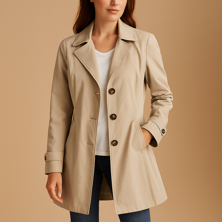 Stylish women's structured trench coat with button-front, perfect for elegant workwear & daily fashion.