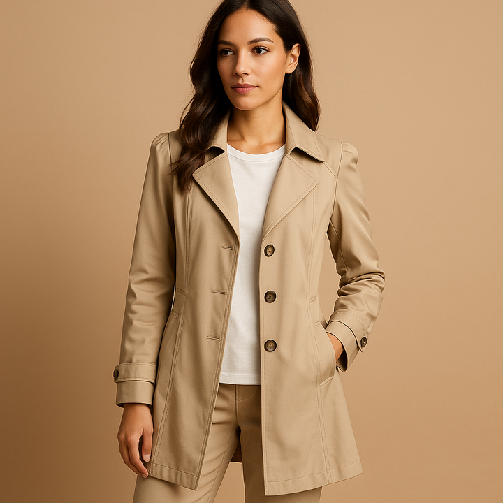 Long women's button-front trench coat. Structured outerwear, ideal for spring & fall daily wear.