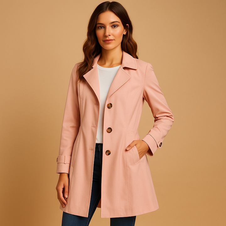 Women's structured trench coat, button-front, a stylish workwear jacket & classic daily fashion piece.