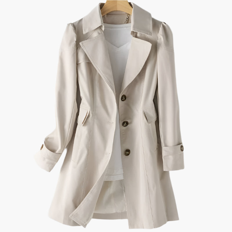 Stylish women's trench coat, elegant tailored fit for work or fashion outerwear.