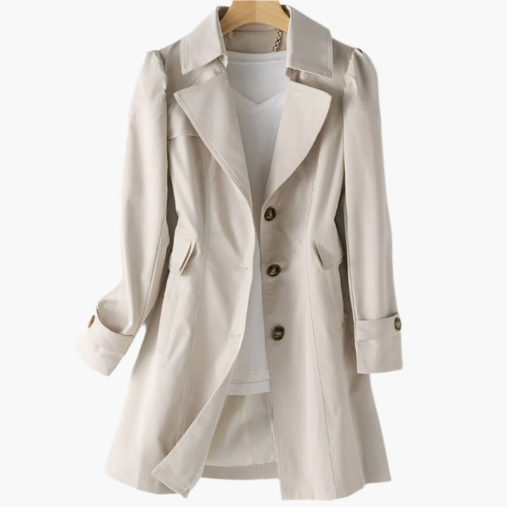 Stylish women's trench coat, elegant tailored fit for work or fashion outerwear.