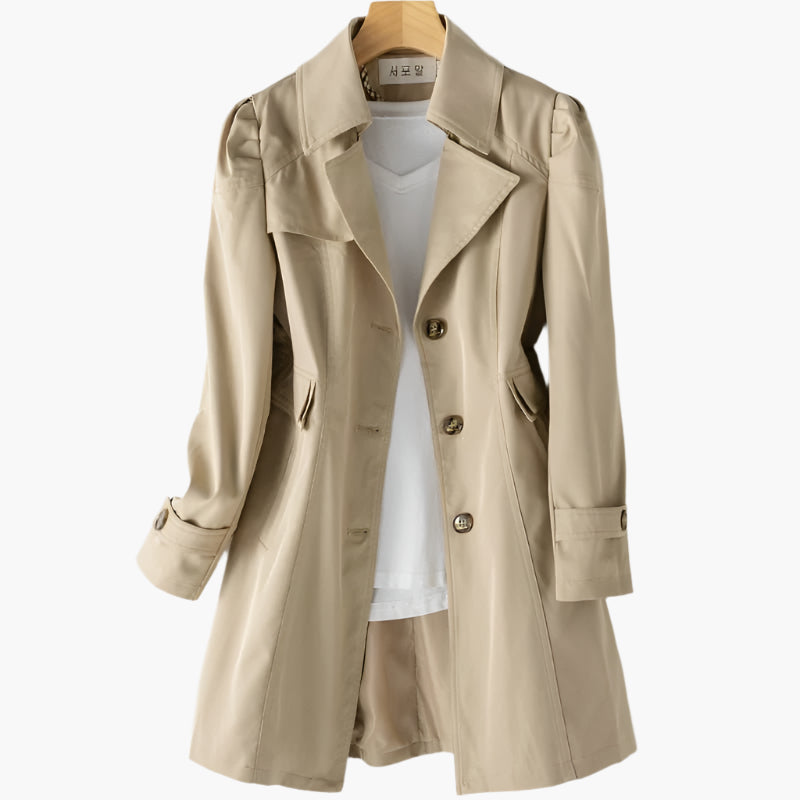 Women's classic tailored trench coat, ideal spring/fall outerwear, elegant & timeless.