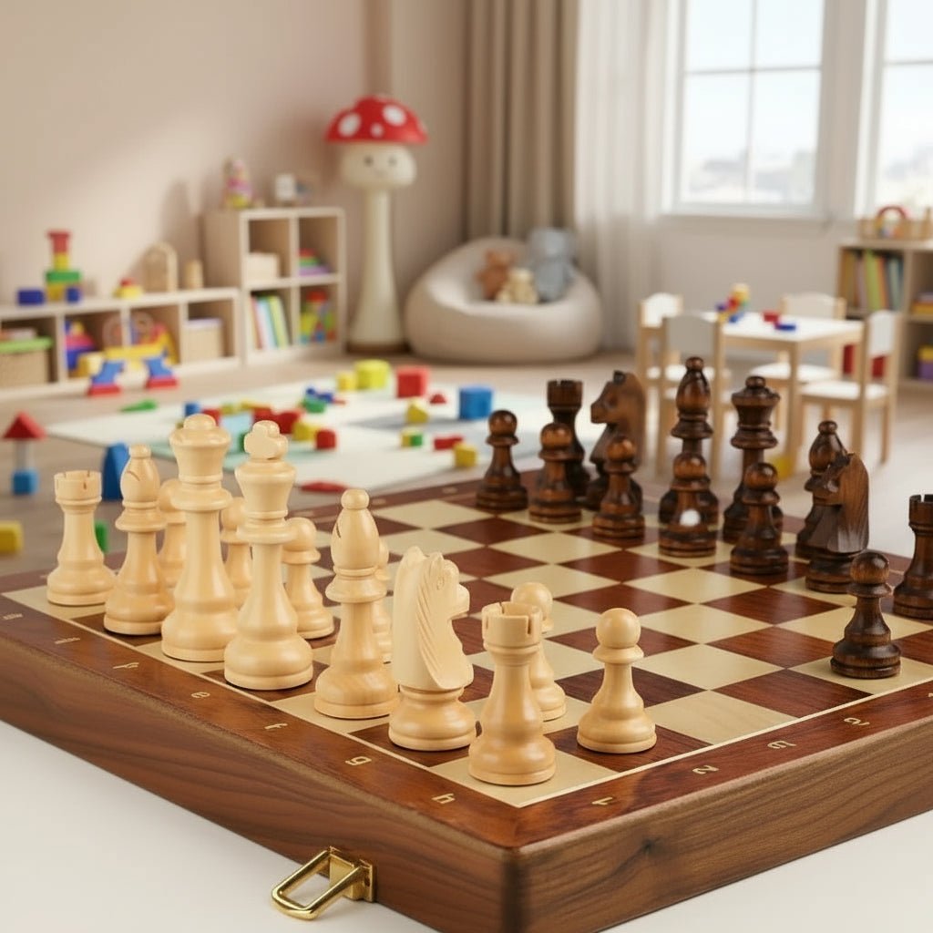 Classic strategy board game: a foldable wooden chess set crafted from elegant walnut wood.
