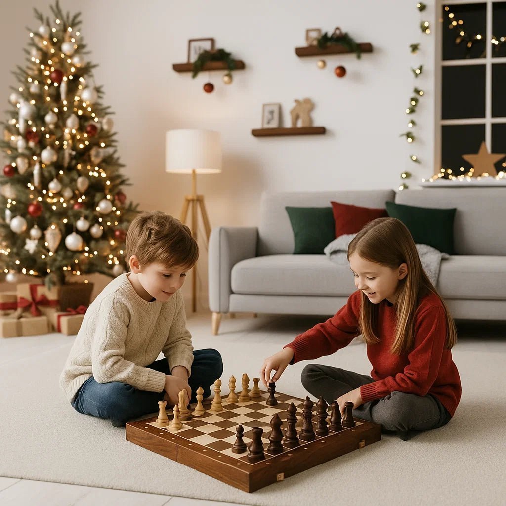Handcrafted walnut wood chess set, classic design, ideal for strategy game enthusiasts and gifts.