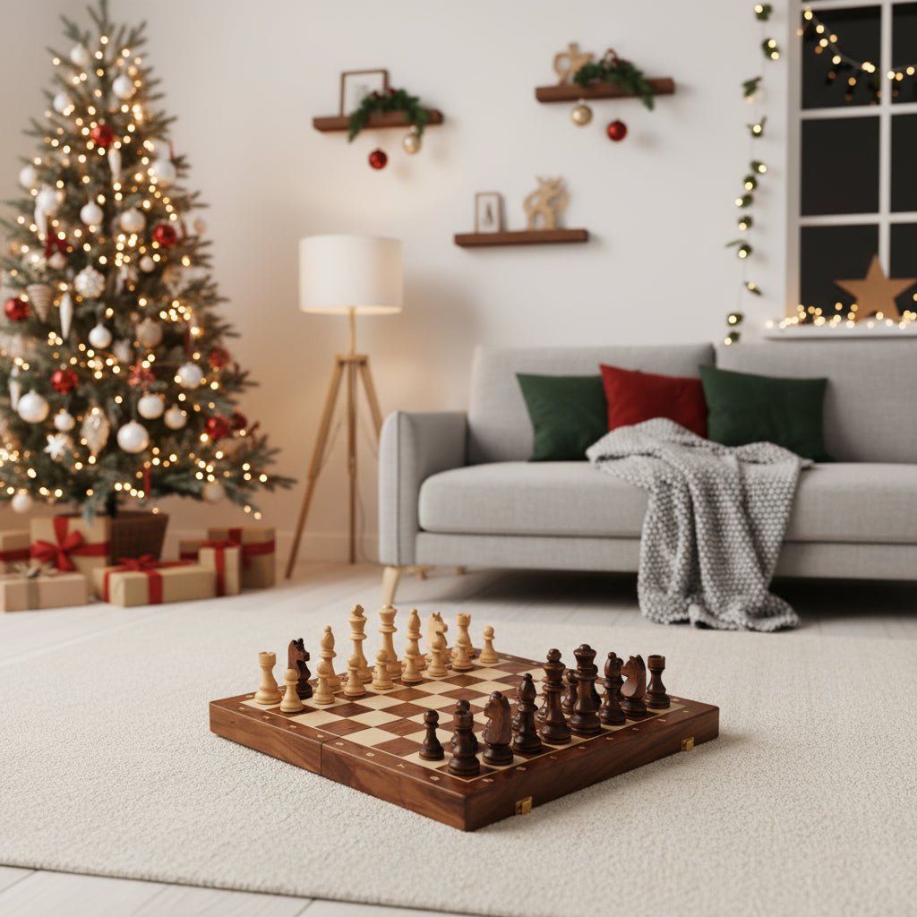 Portable foldable wooden chess set with a rich walnut board, great for travel and intellectual play.