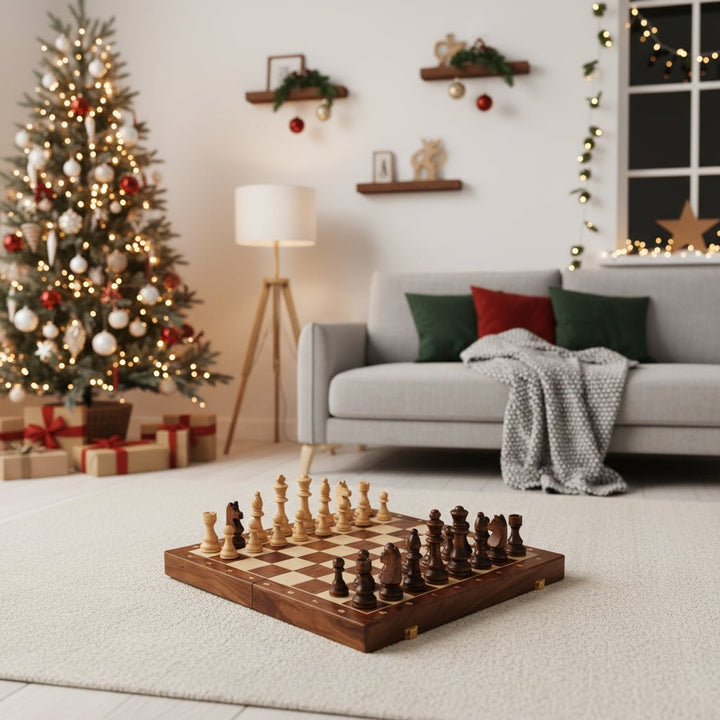 Portable foldable wooden chess set with a rich walnut board, great for travel and intellectual play.